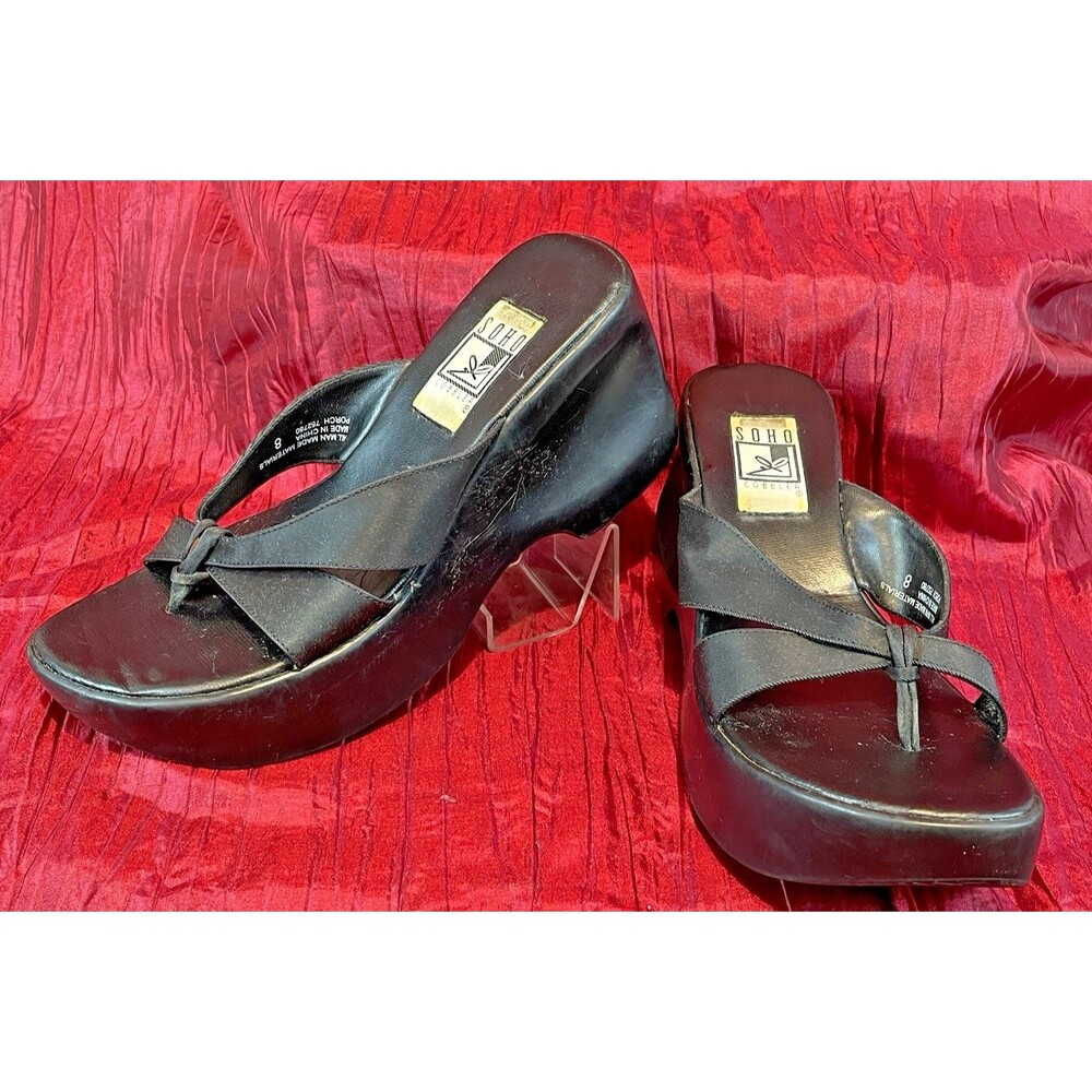 Womens Soho Cobbler NWOT Black Wedge Platform Strappy Slip On Sandals sz 8